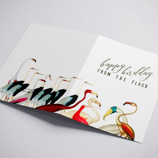 Flamingo Swagger Greeting Card Happy Birdday From the Flock Vintage Pink Flamingo Illustration with Adorable Flamingo Pun