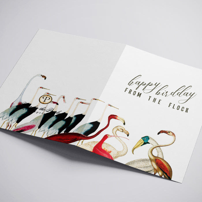 Greeting card with flamingo design and 'Happy Birthday from the Flock' text on a white background
