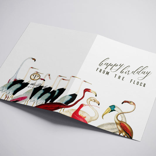 Greeting card with flamingo design and 'Happy Birthday from the Flock' text on a white background