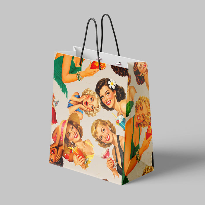 Shopping bag with vintage-style illustrations of women on a gray background