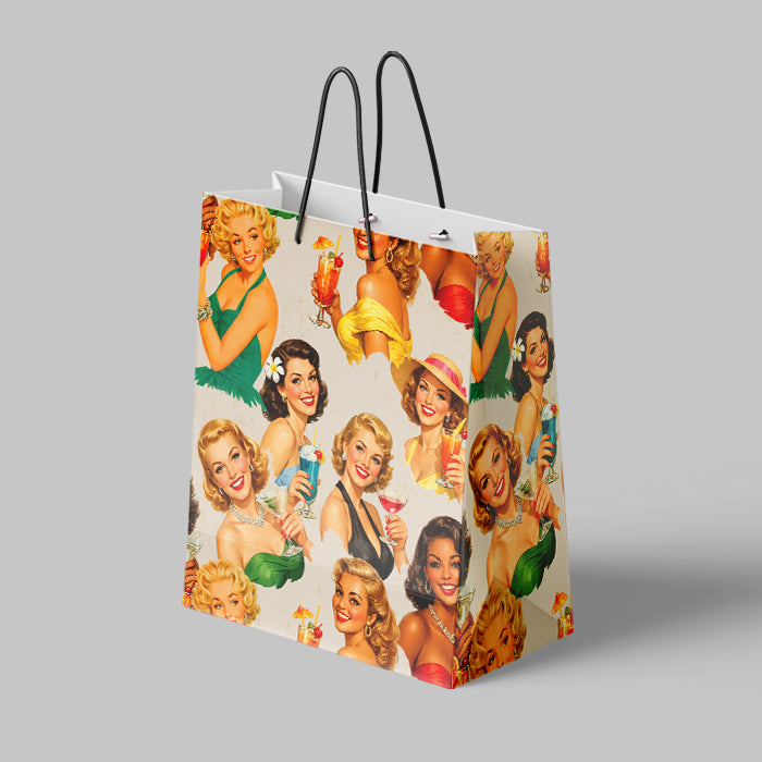 Shopping bag with vintage-style illustrations of women on a gray background