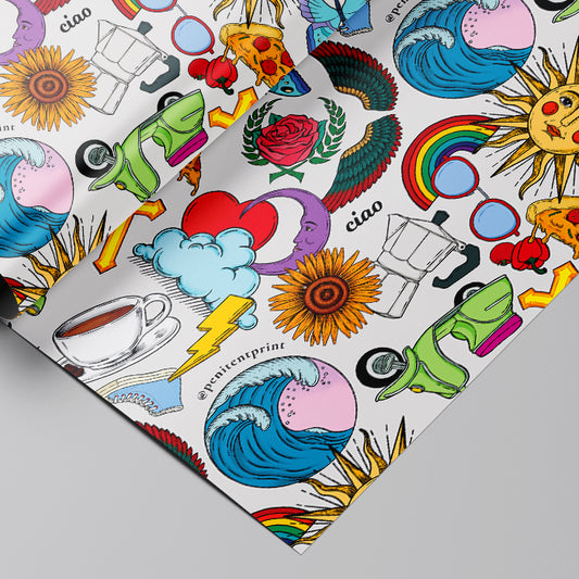 Sheet of colorful wrapping paper with various designs on a gray background