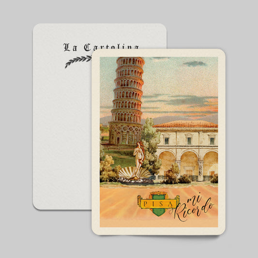 Vintage-style postcard featuring the Leaning Tower of Pisa and a statue of Venus on a gray background.
