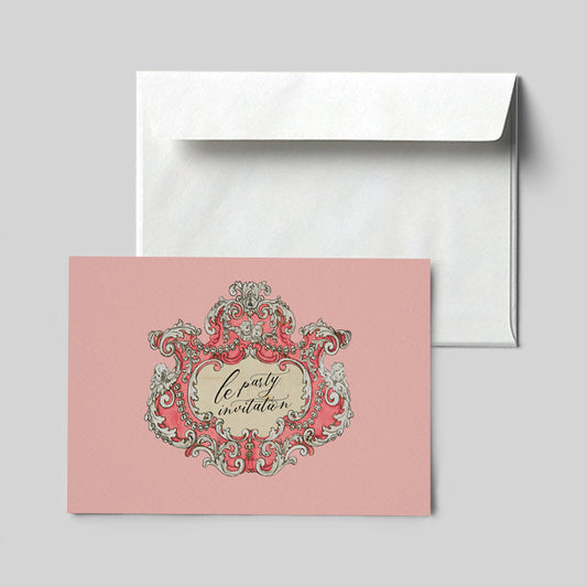Pink party invitation card with decorative border and white envelope on a gray background
