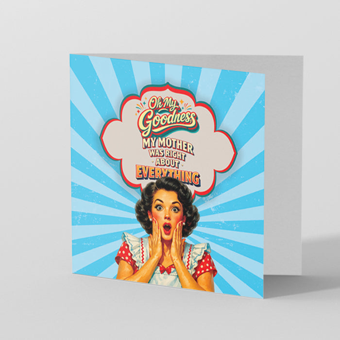 Greeting card with vintage-style design and text on a blue and white striped background