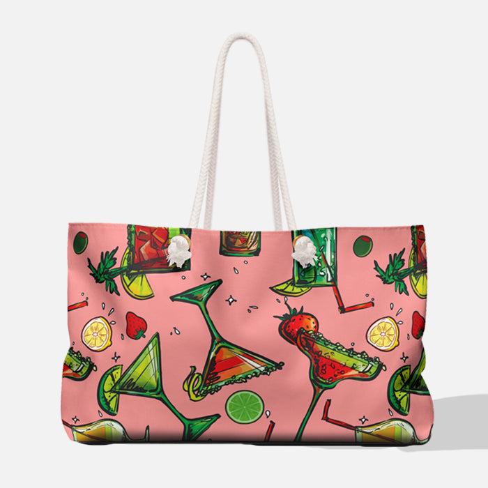 Tote bag with a colorful cocktail pattern on a pink background