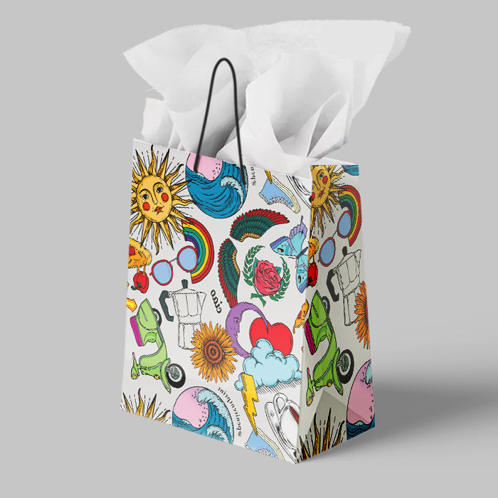 Colorful gift bag with various designs on a gray background