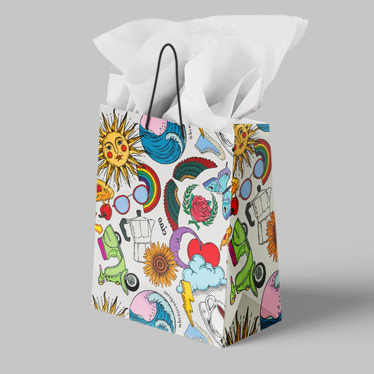 Colorful gift bag with various designs on a gray background