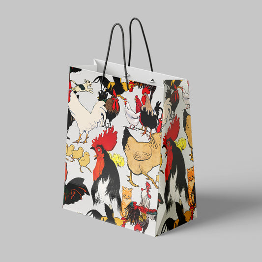 Shopping bag with rooster and chicken pattern on a gray background