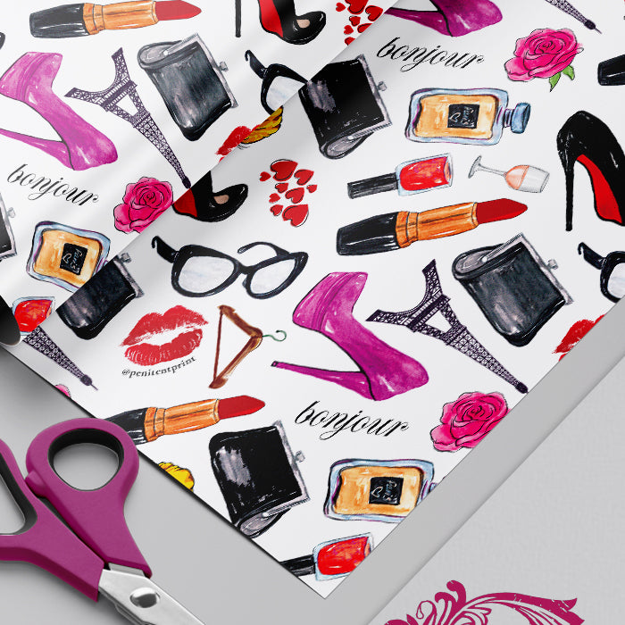 Fashion-themed stationery set with high heels, lipsticks, and other accessories on a white background.