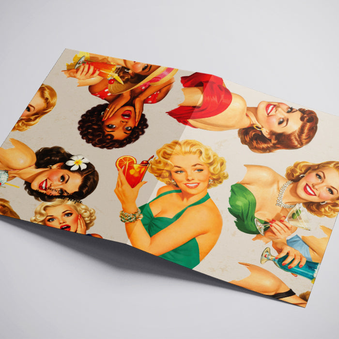 Vintage-style poster with illustrated women holding drinks on a light gray background