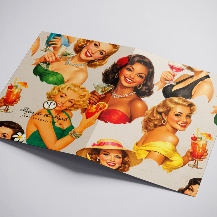 Vintage-style poster with illustrated women in summer dresses on a light gray background