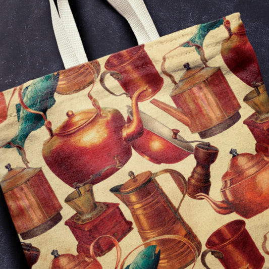 Tote bag with vintage teapot and kettle design on a beige background