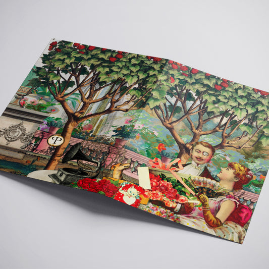 Decorative card with vintage-style illustration of a couple at a garden table.