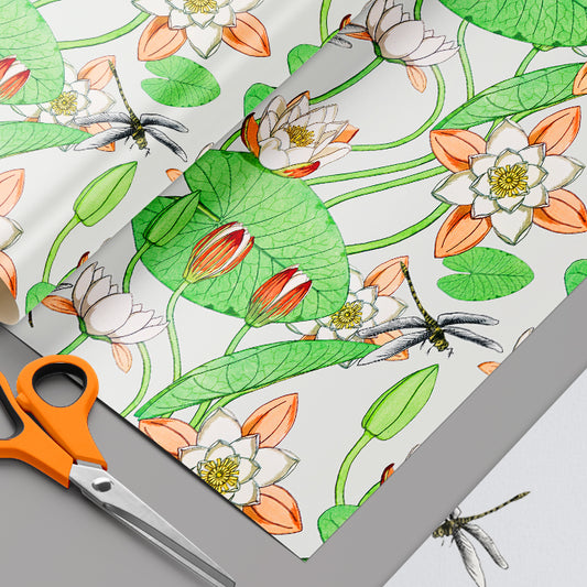 Water Lily Pond and Dragonfly Wrapping Paper Lotus Pond Tranquil Pond with Dragonfly Wrapping Paper Sheets