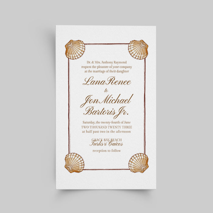 Wedding invitation card with shell designs on a white background