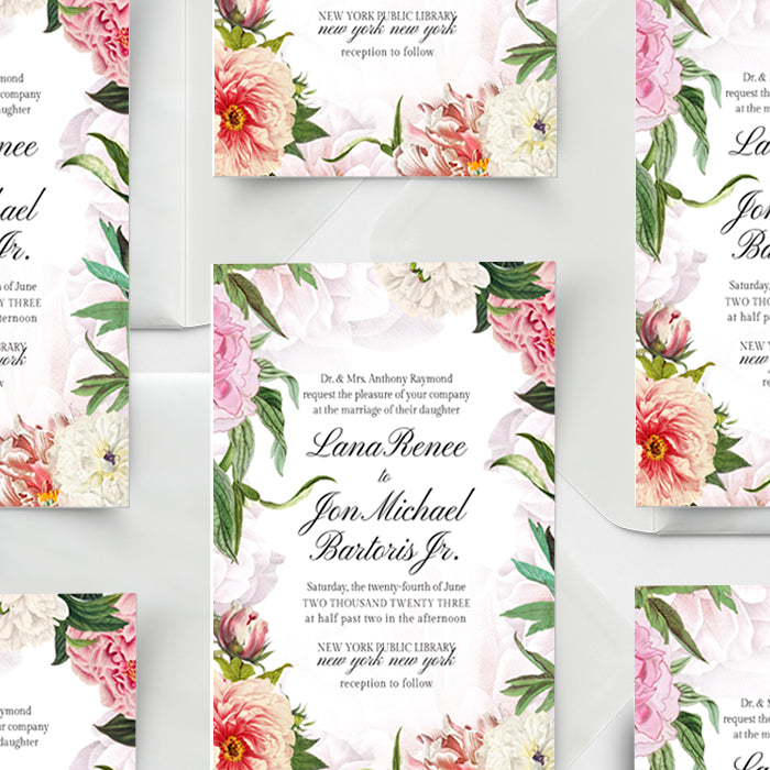 Floral wedding invitation with pink and white flowers on a white background