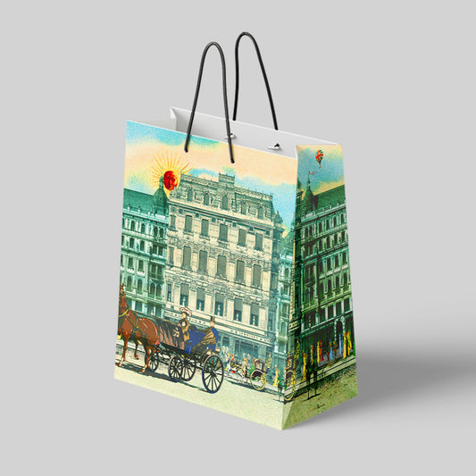 Olde London District 2-Sided Paper Gift Bag Fine Art All Over Print Premium Materials Laminated Large Capacity Gifting Vintage London Shopping District