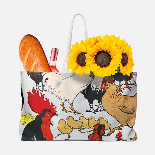 Tote bag with farm animal design holding bread, flowers, and a bottle.