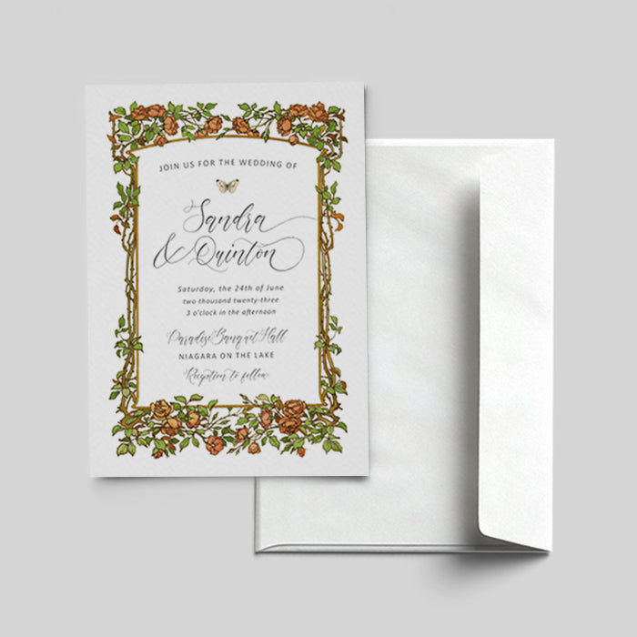 Wedding invitation card with floral border on a white background