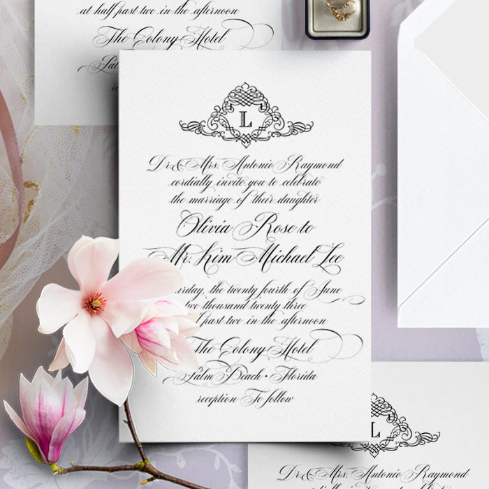 Daphne Classic White Wedding Invitation Black and White Invitation Elegant Wedding Stationery includes Envelopes