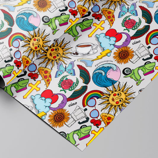 Sheet of colorful stickers with various designs on a gray background