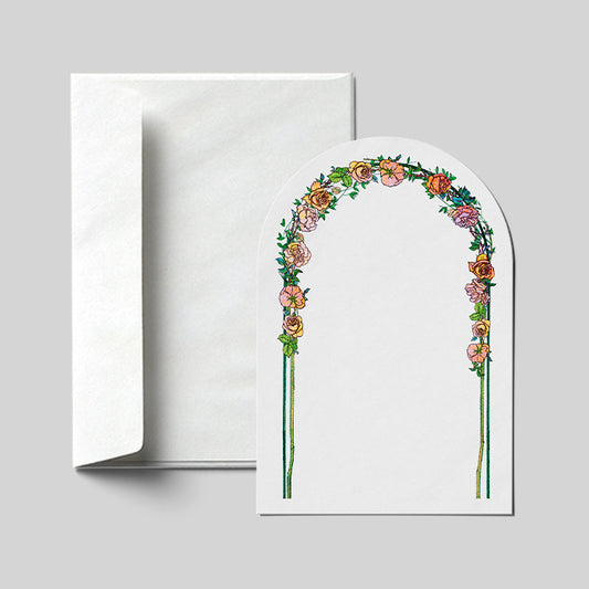 Floral arch design on a greeting card with a white envelope.