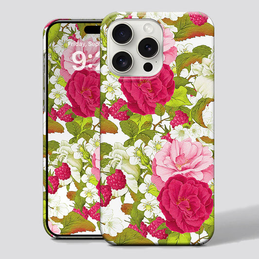 Phone case with floral design featuring pink and white flowers on a green background