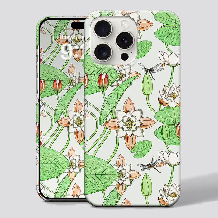 Phone case with floral design featuring green leaves and white flowers on a light gray background