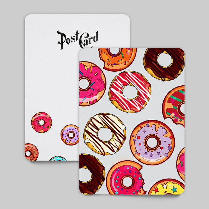 Postcard with colorful donut pattern on a gray background