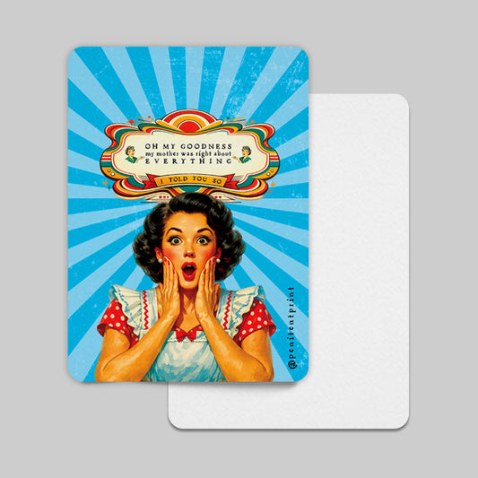 Vintage-style card with a woman in a polka dot dress and text on a blue radial striped background.