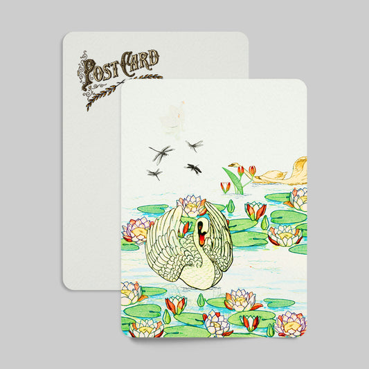 Graceful Swan in a Lily Pond Postcard Vintage Swan on a Lotus Pond Tranquil Pond with Dragonfly and Swan