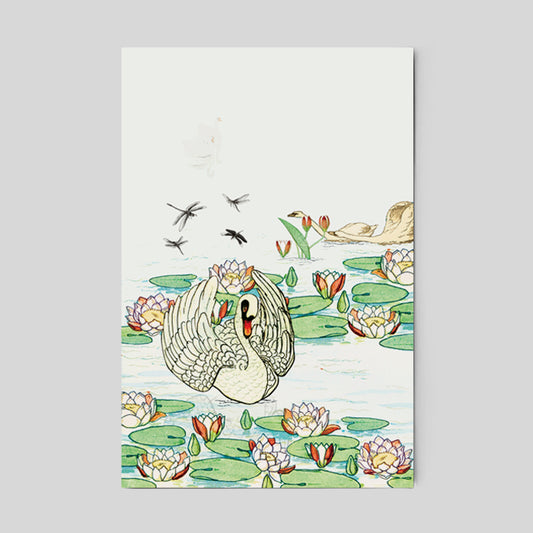Illustration of a swan and water lilies on a white background