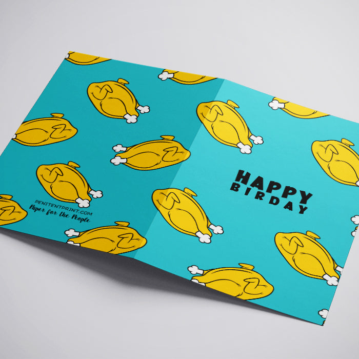 Birthday card with yellow cartoon chickens and 'Happy Birthday' text on a blue background