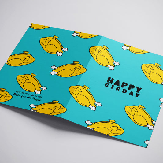 Birthday card with yellow cartoon chickens and 'Happy Birthday' text on a blue background