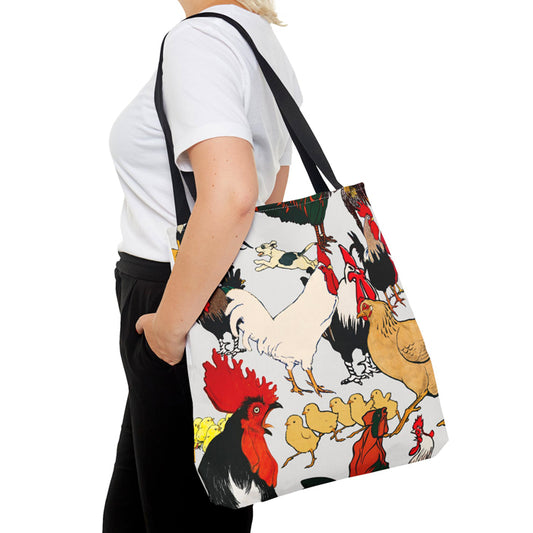 Person holding a tote bag with rooster design on a white background
