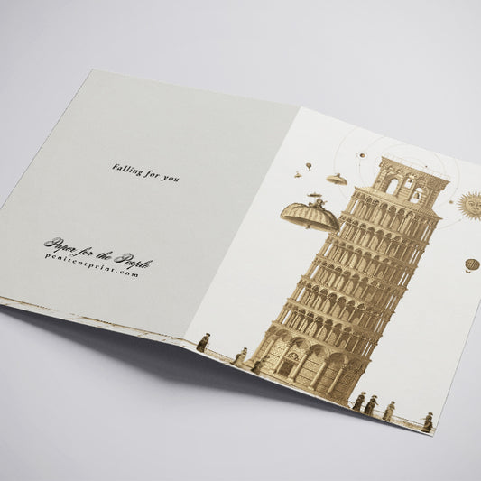 Greeting card with illustration of the Leaning Tower of Pisa on a white background Sepia Tone Leaning Tower of Pisa Vintage Illustration