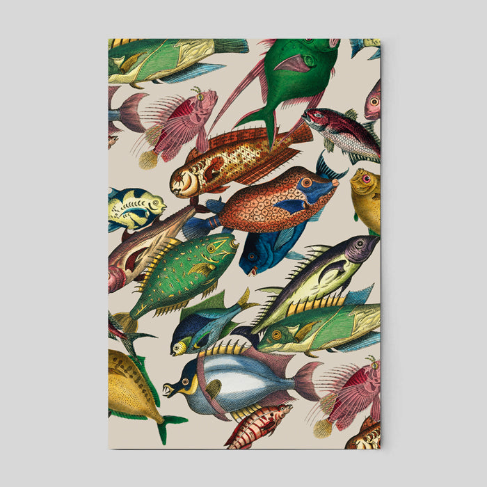 A large poster on a wall featuring colorful fish