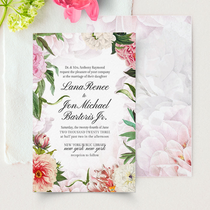 Floral wedding invitation on a white background with flowers around