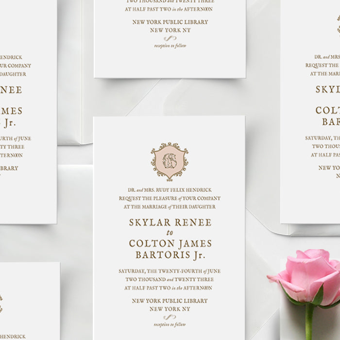 Wedding invitation card with a pink rose on a white background