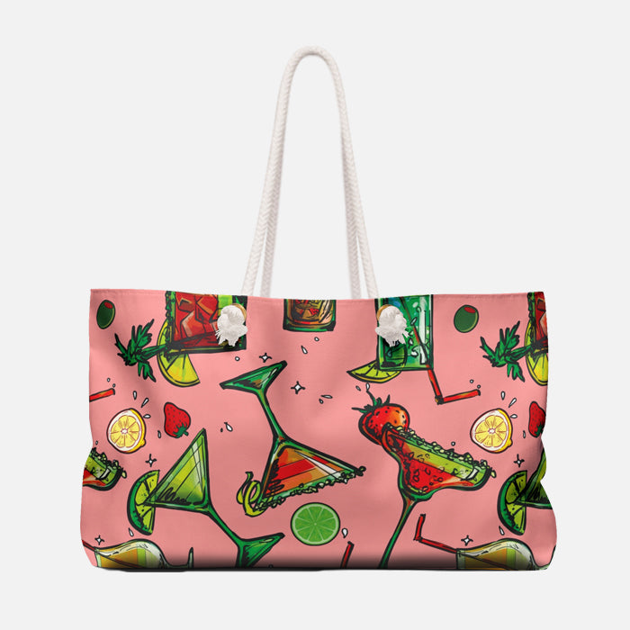 Tote bag with a colorful drink pattern on a pink background