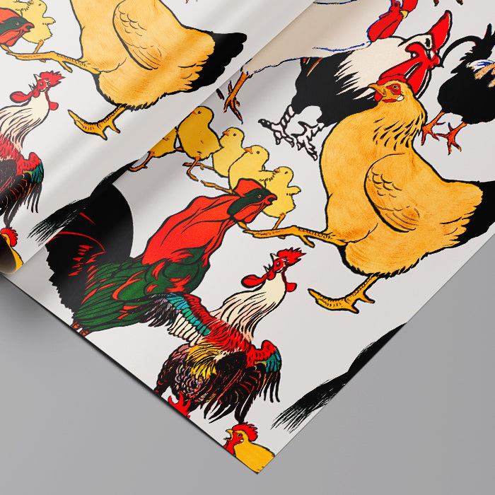 Colorful illustration of chickens and roosters on a white background