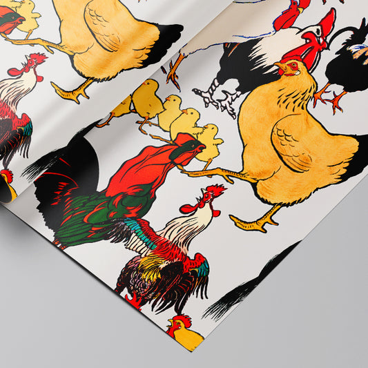 Colorful pattern of chickens and roosters on wrapping paper.