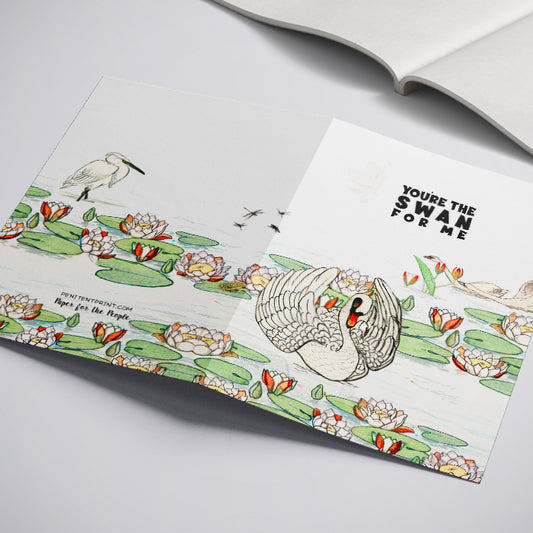 Graceful Swan in a Lily Pond Greeting Card Vintage Swan on a Lotus Pond Tranquil Pond with Dragonfly and Swan